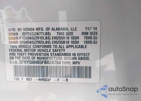 2015 Acura Mdx Advance Pkg W/Entertainment Pkg z USA, uszkodzony, nr VIN 5FRYD4H85FB024764